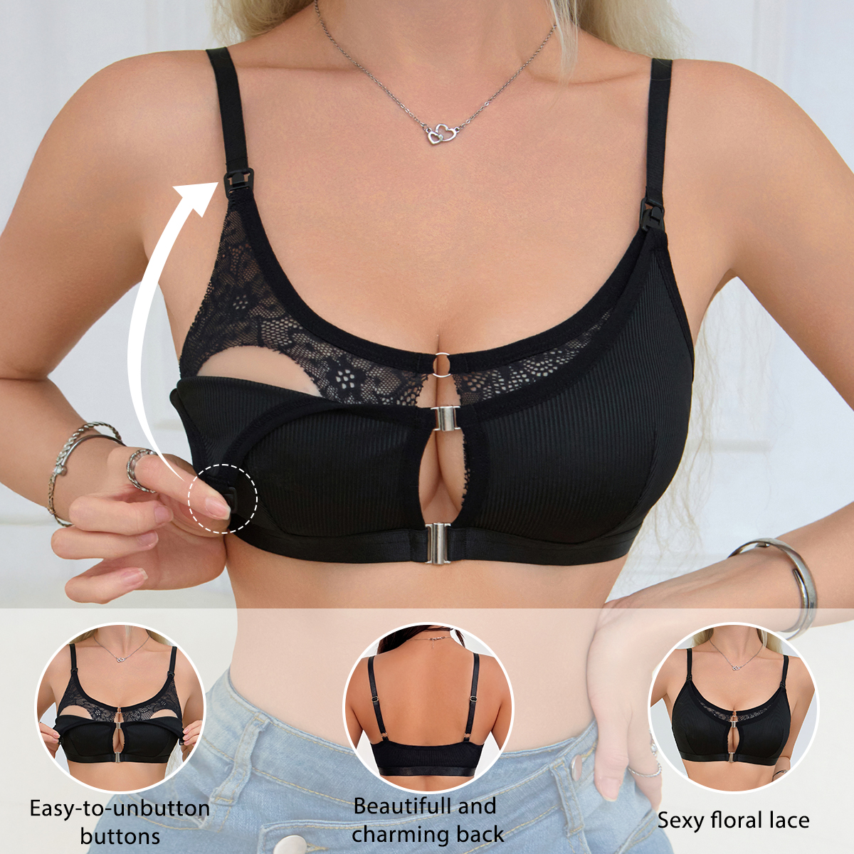 Nursing Bra Clip - Black Comfortable Front Clasp Nursing Bra