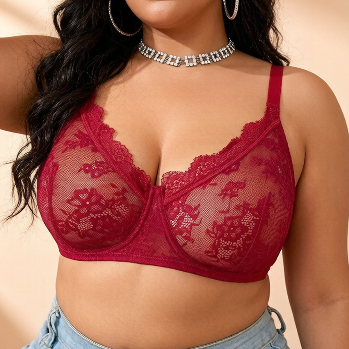 Women Plus Size Red Lace Sheer - Full Coverage Bra ulasan dan harga
